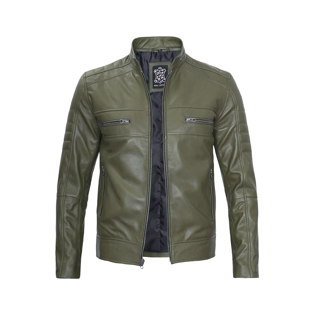 Austin Men Cafe Racer Dark Green Real Leather Jacket
