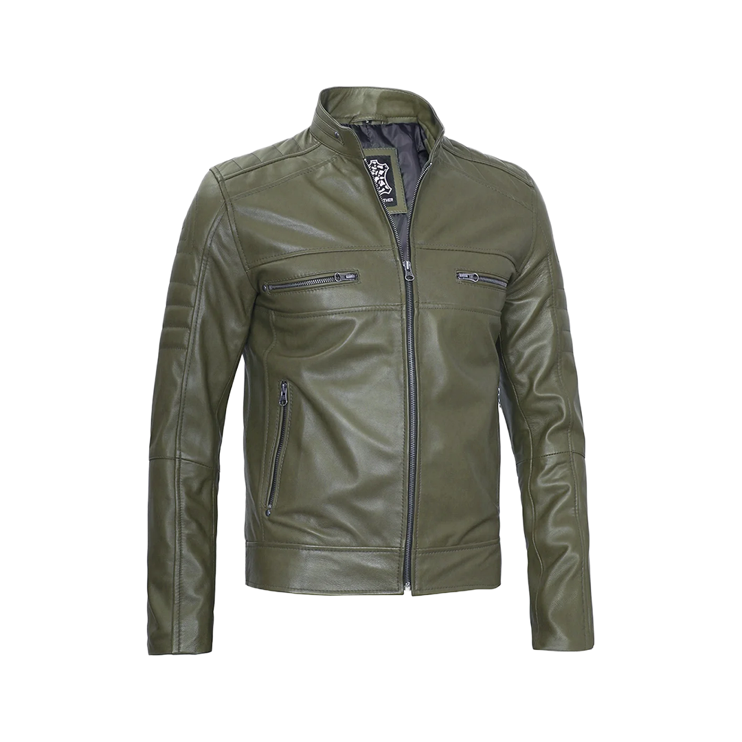 Austin Men Cafe Racer Dark Green Real Leather Jacket