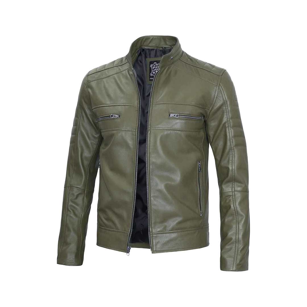 Austin Men Cafe Racer Dark Green Real Leather Jacket