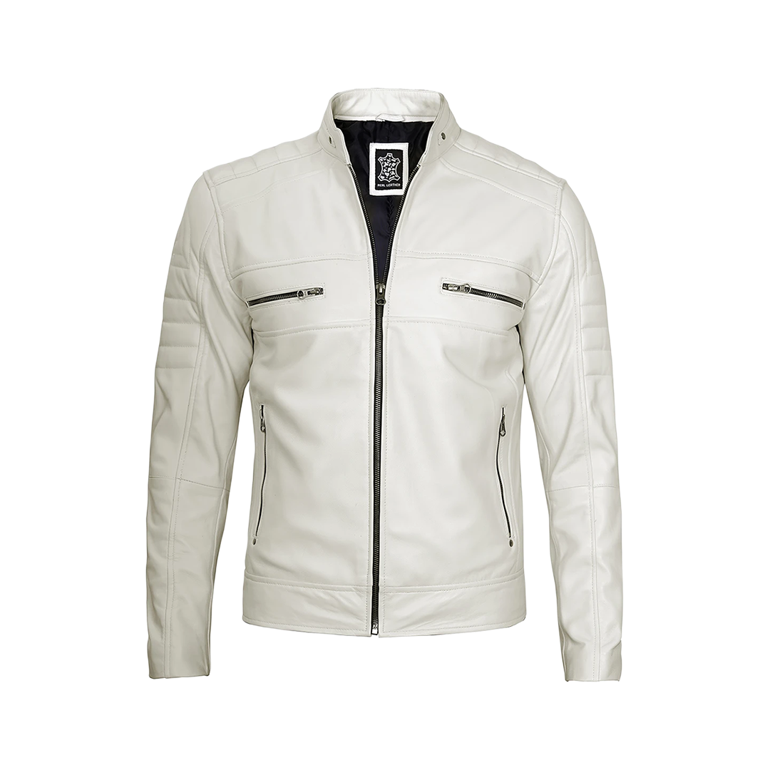 Austin Men Cafe Racer Off White Real Leather Jacket
