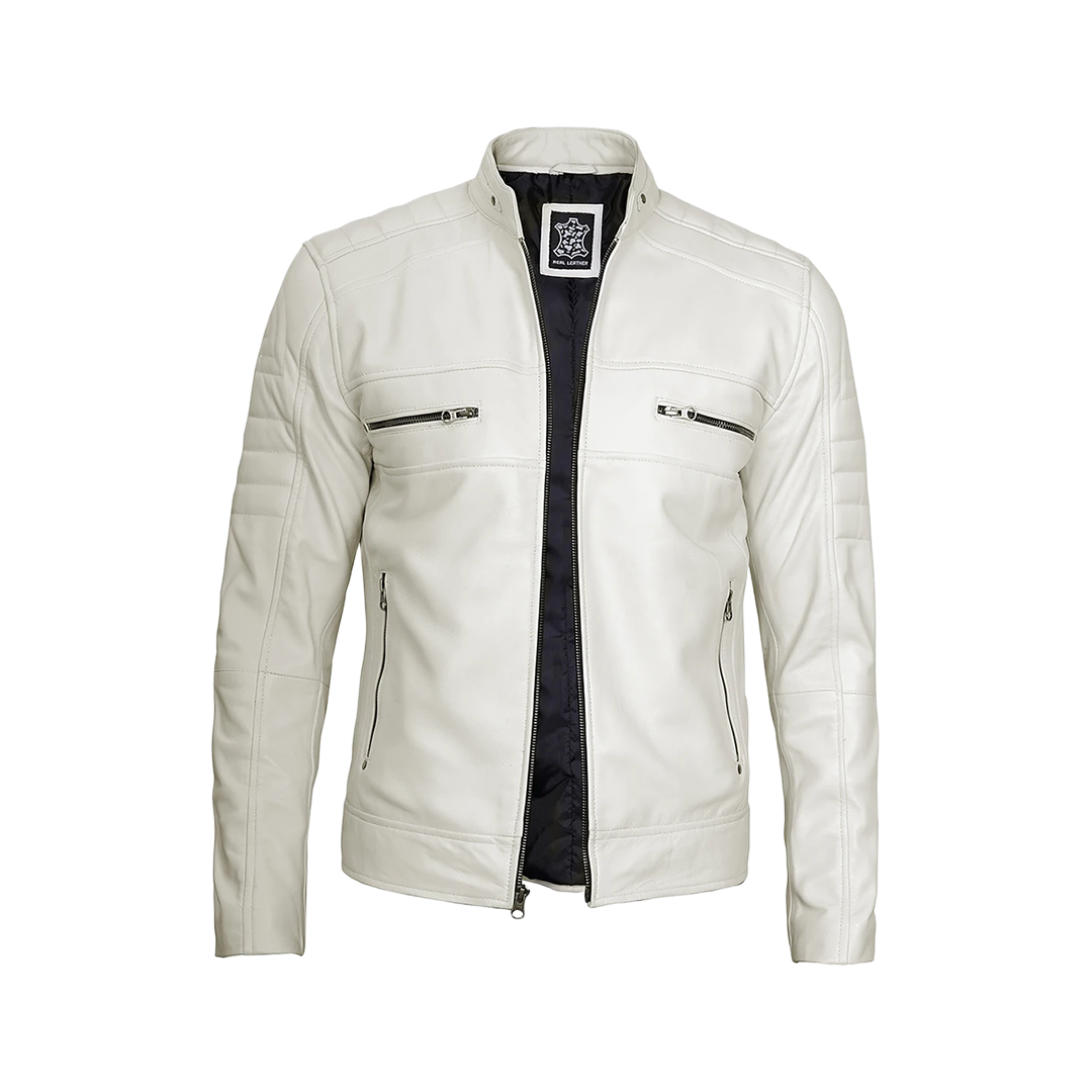Austin Men Cafe Racer Off White Real Leather Jacket