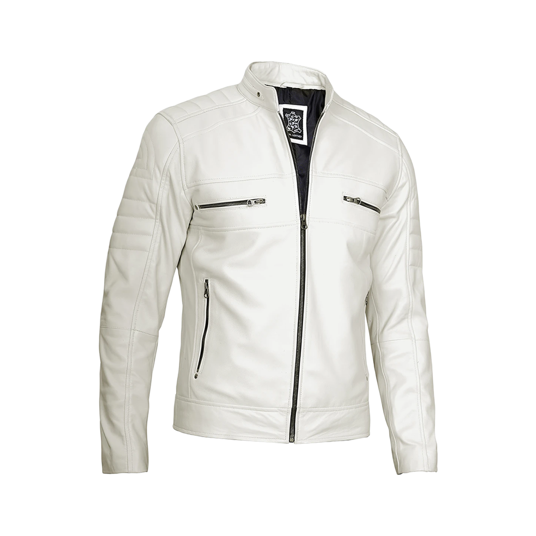 Austin Men Cafe Racer Off White Real Leather Jacket