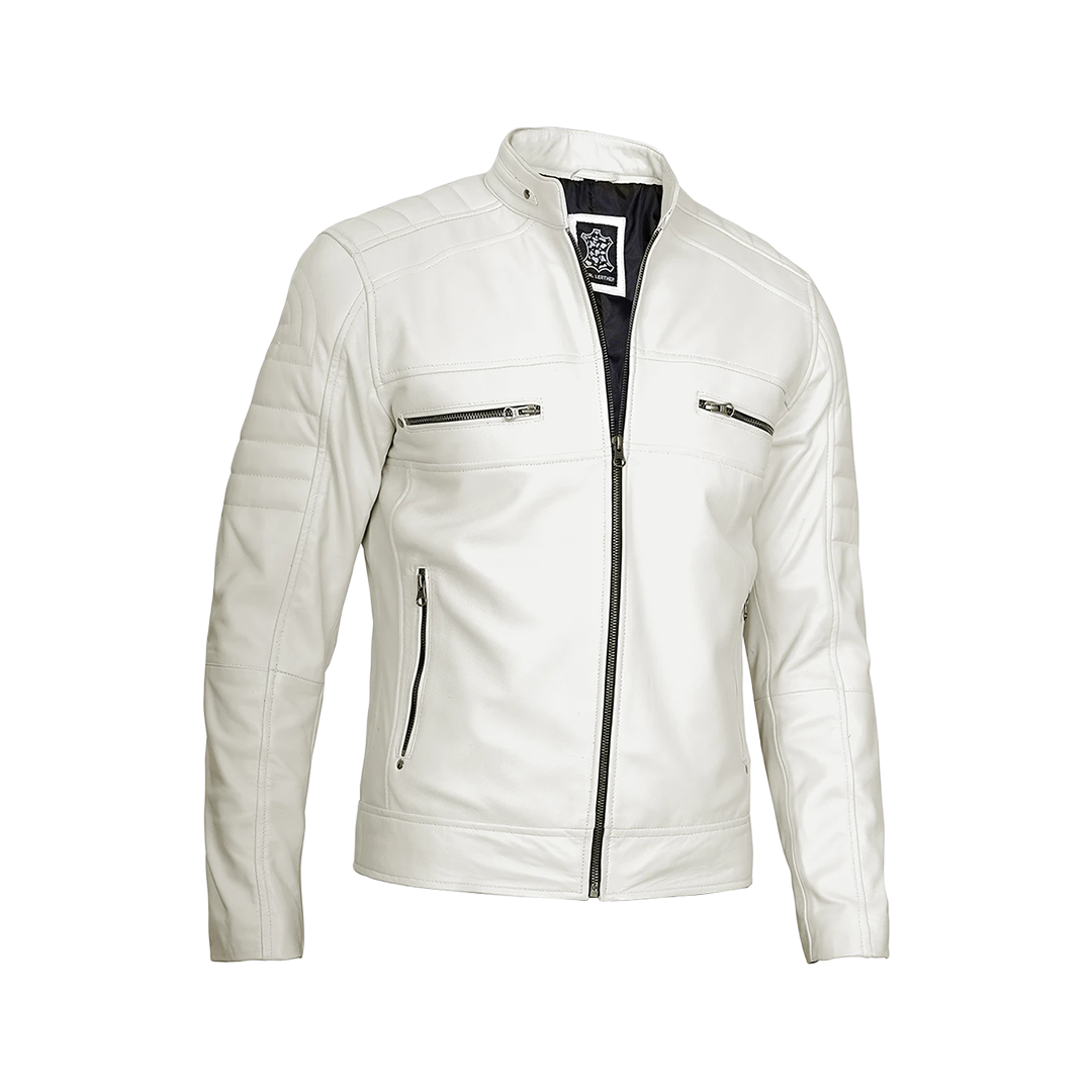 Austin Men Cafe Racer Off White Real Leather Jacket