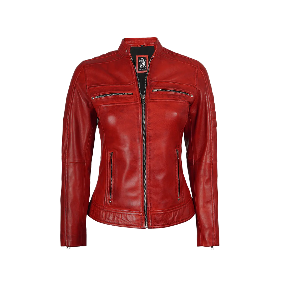 Austin Women Red Cafe Racer Leather Jacket