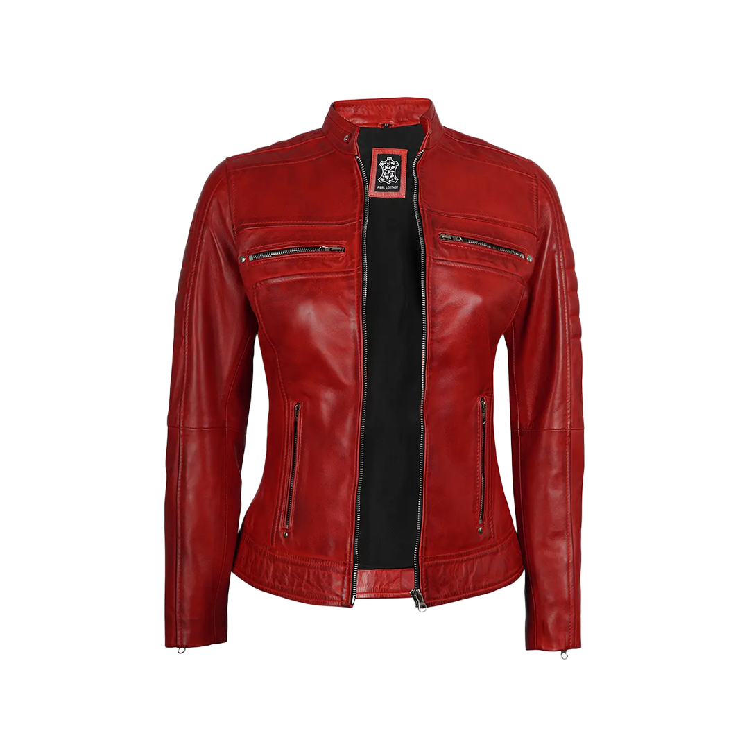 Austin Women Red Cafe Racer Leather Jacket