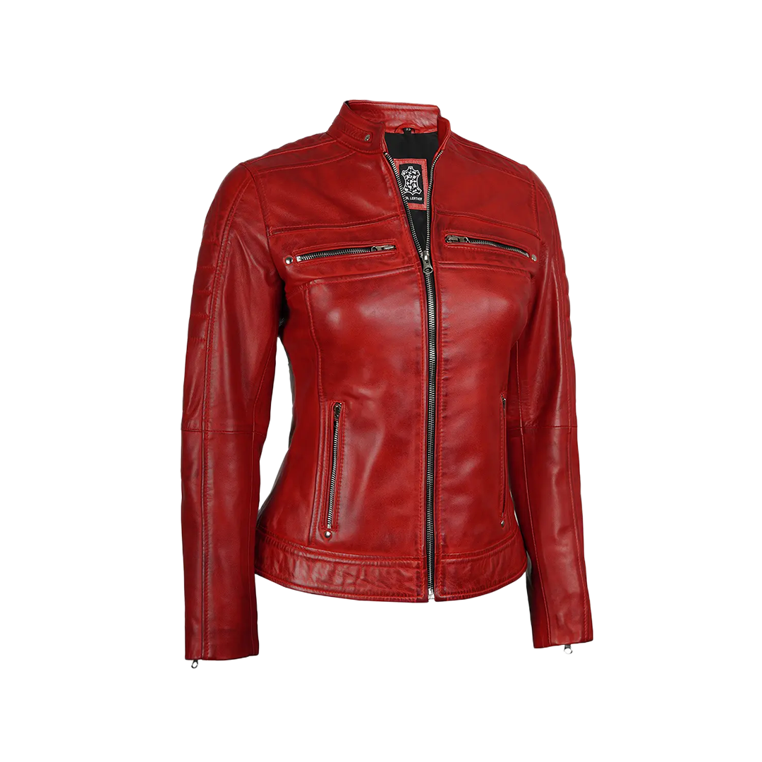 Austin Women Red Cafe Racer Leather Jacket