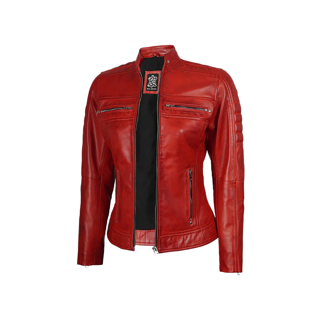 Austin Women Red Cafe Racer Leather Jacket