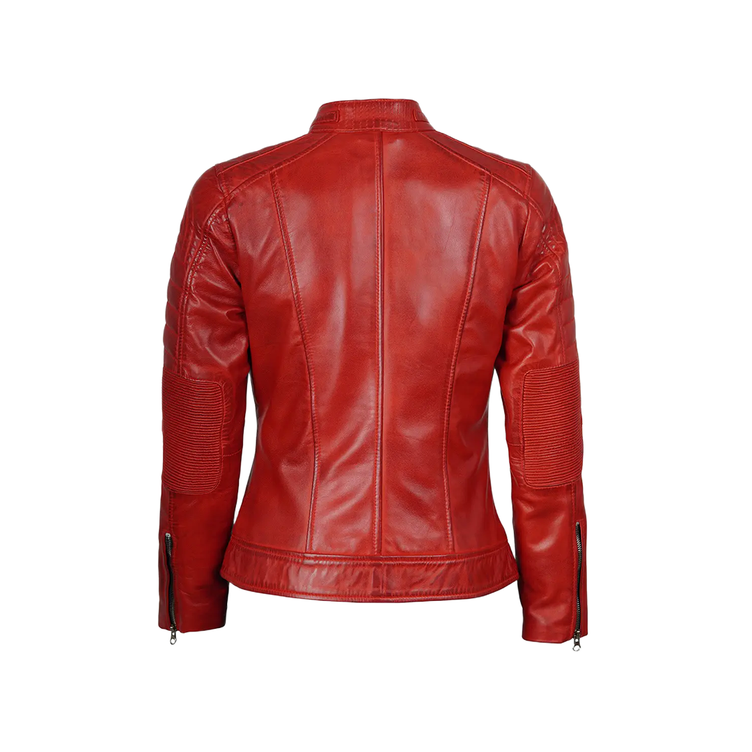 Austin Women Red Cafe Racer Leather Jacket