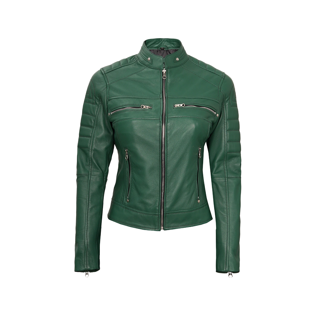 Austin Women's Green Real Leather Cafe Racer Biker Jacket