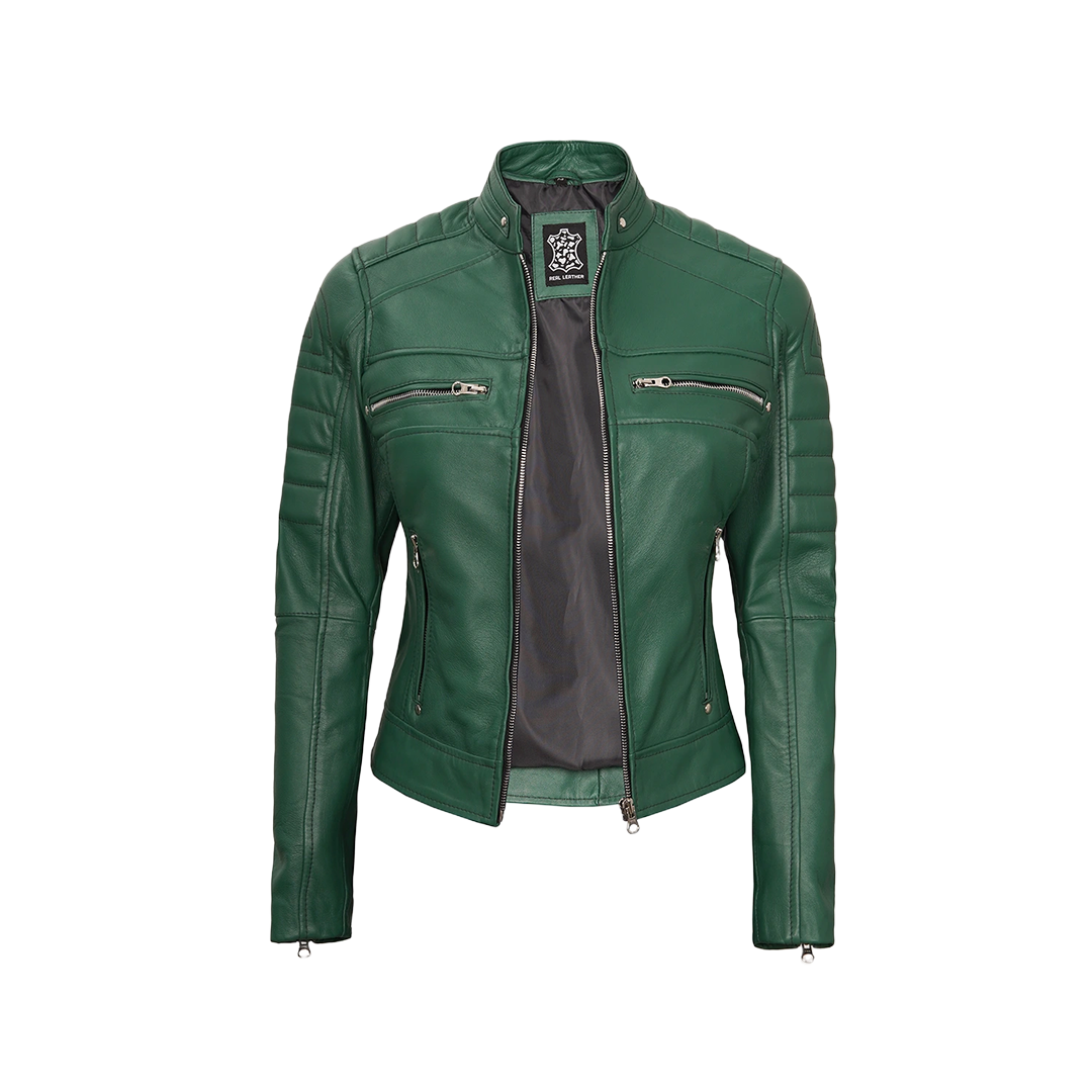 Austin Women's Green Real Leather Cafe Racer Biker Jacket