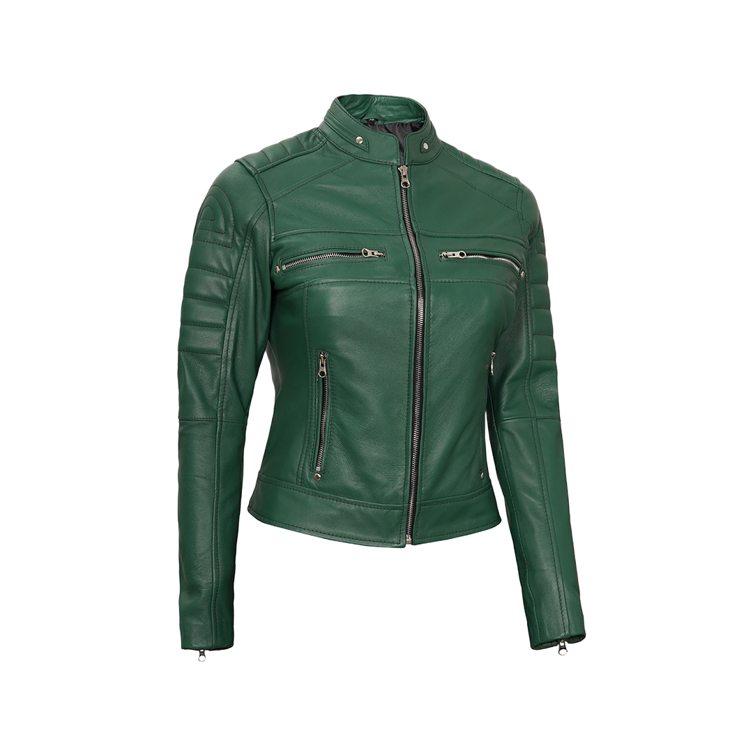Austin Women's Green Real Leather Cafe Racer Biker Jacket