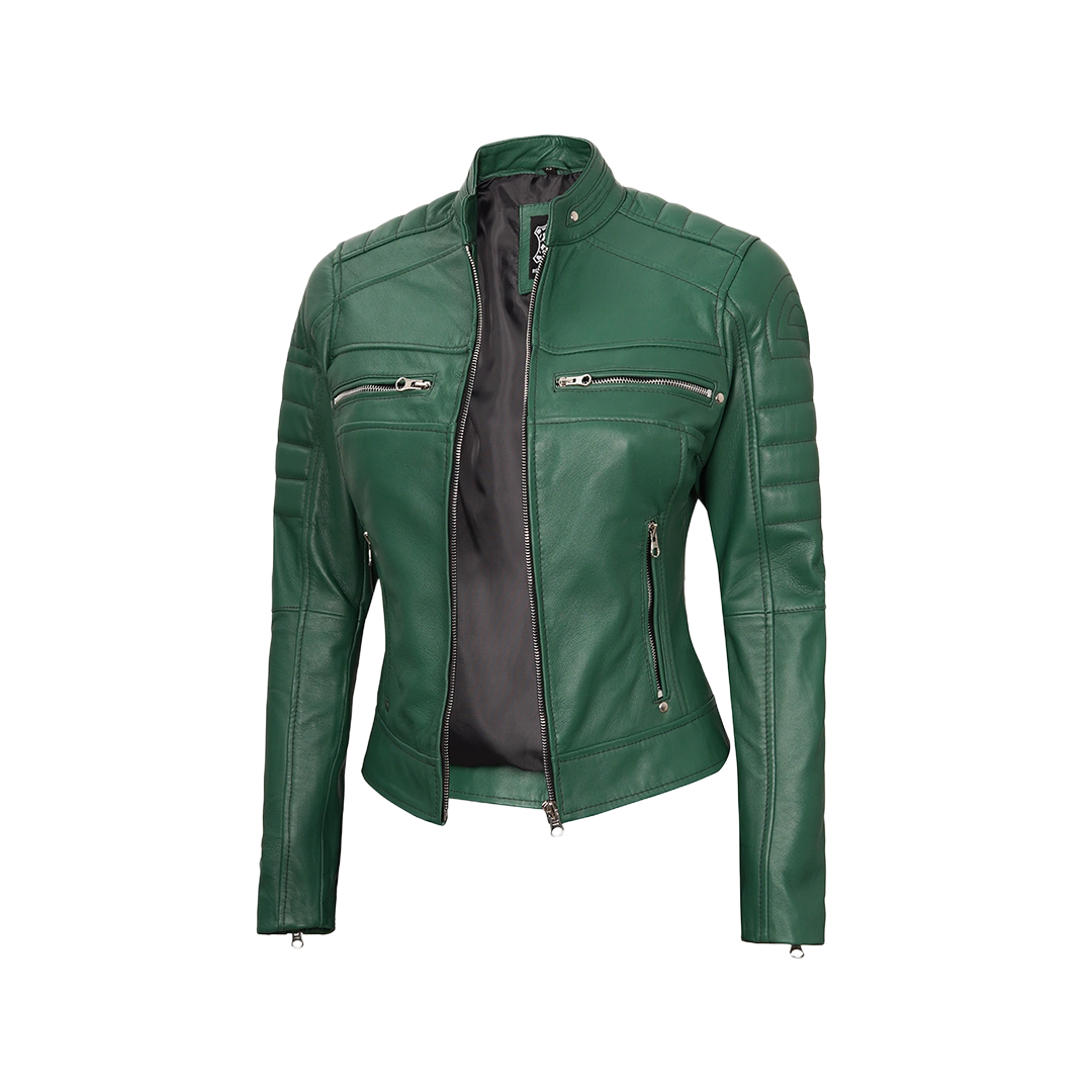 Austin Women's Green Real Leather Cafe Racer Biker Jacket
