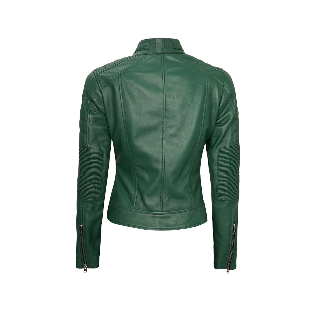 Austin Women's Green Real Leather Cafe Racer Biker Jacket