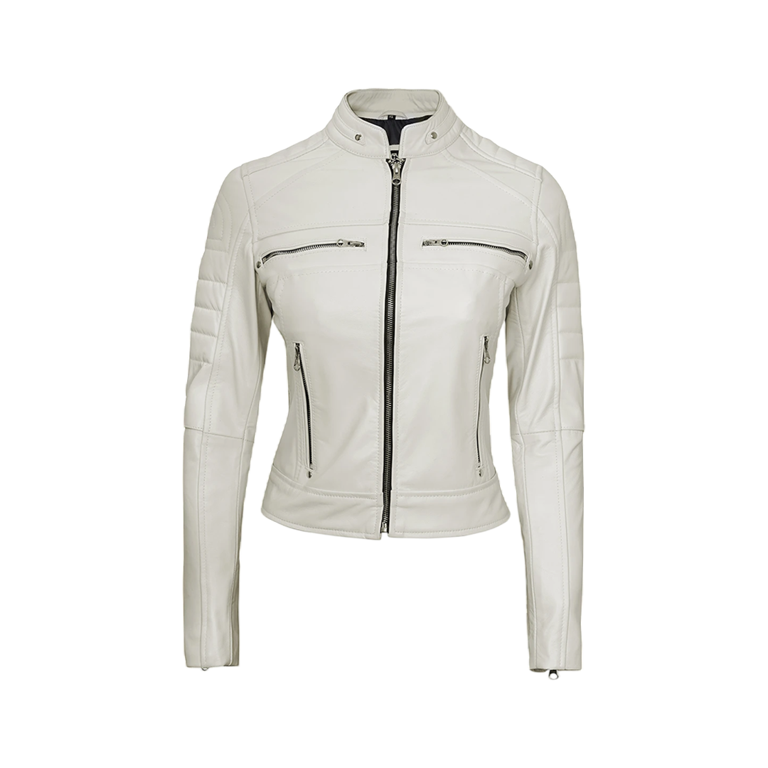 Austin Women's Off White Cafe Racer Biker Real Leather Jacket
