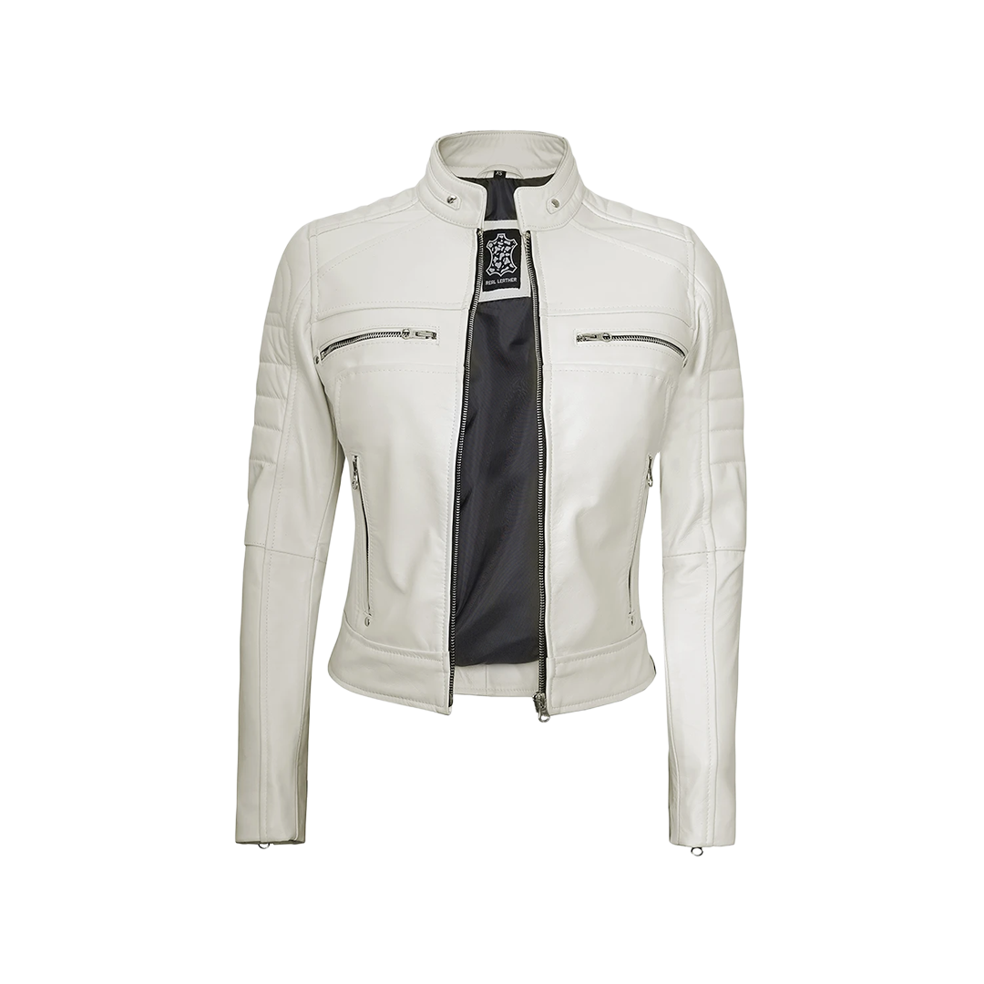 Austin Women's Off White Cafe Racer Biker Real Leather Jacket