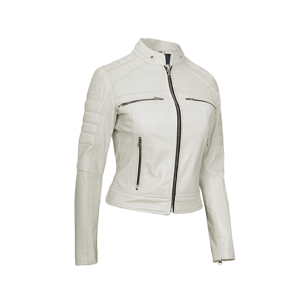Austin Women's Off White Cafe Racer Biker Real Leather Jacket
