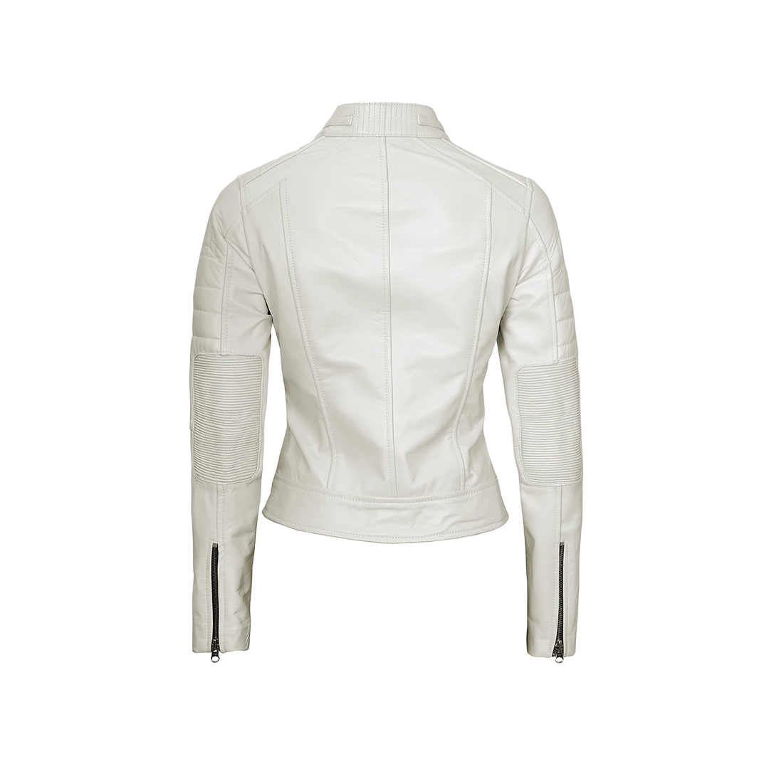 Austin Women's Off White Cafe Racer Biker Real Leather Jacket
