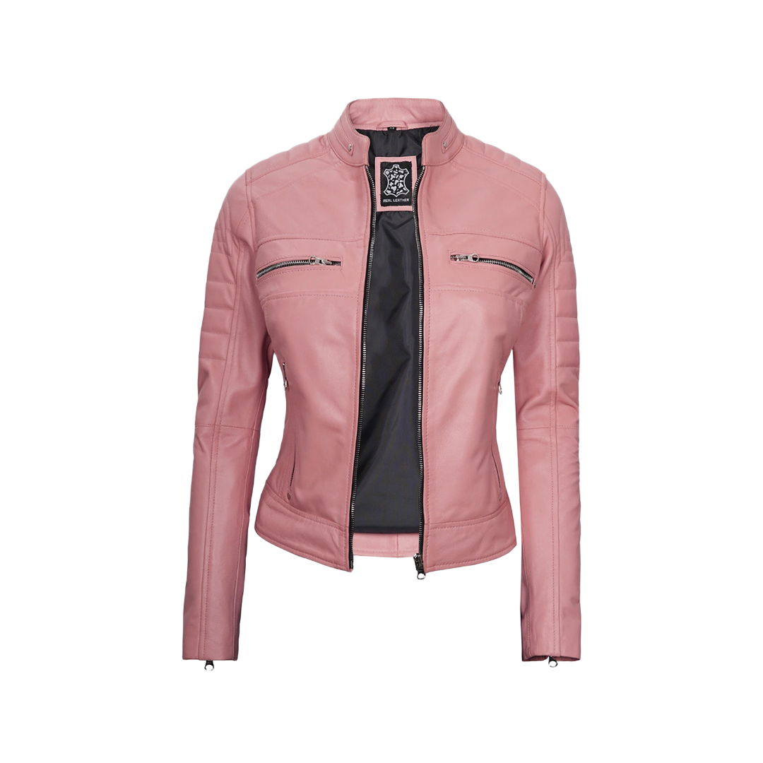 Austin Women's Pink Cafe Racer Real Leather Jacket