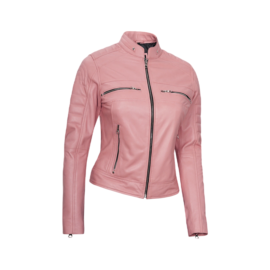 Austin Women's Pink Cafe Racer Real Leather Jacket