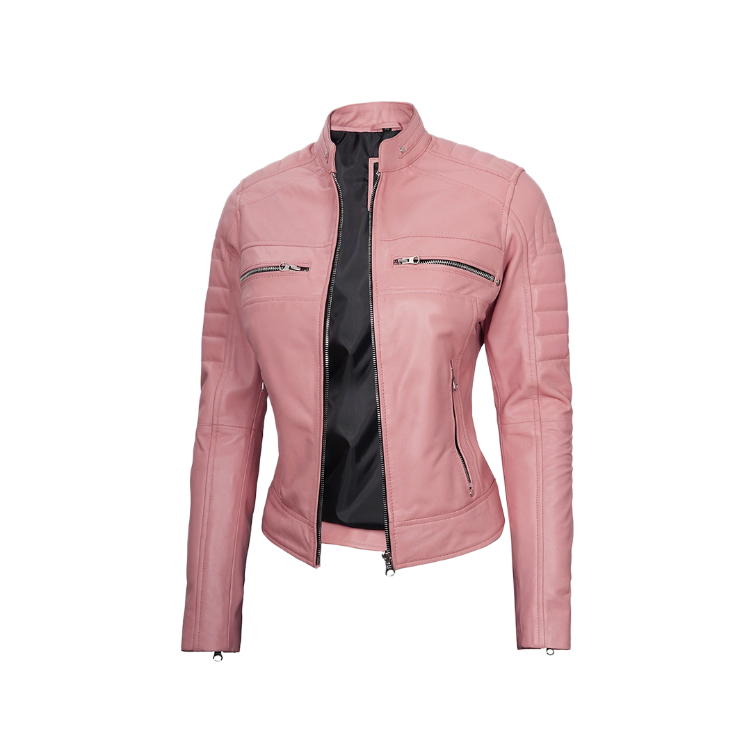 Austin Women's Pink Cafe Racer Real Leather Jacket