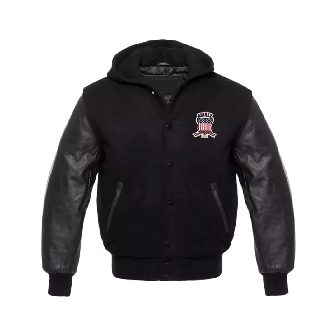 Avirex MILLIONAIRE Varsity Bomber Solid Black Wool Body & Leather Sleeves jacket