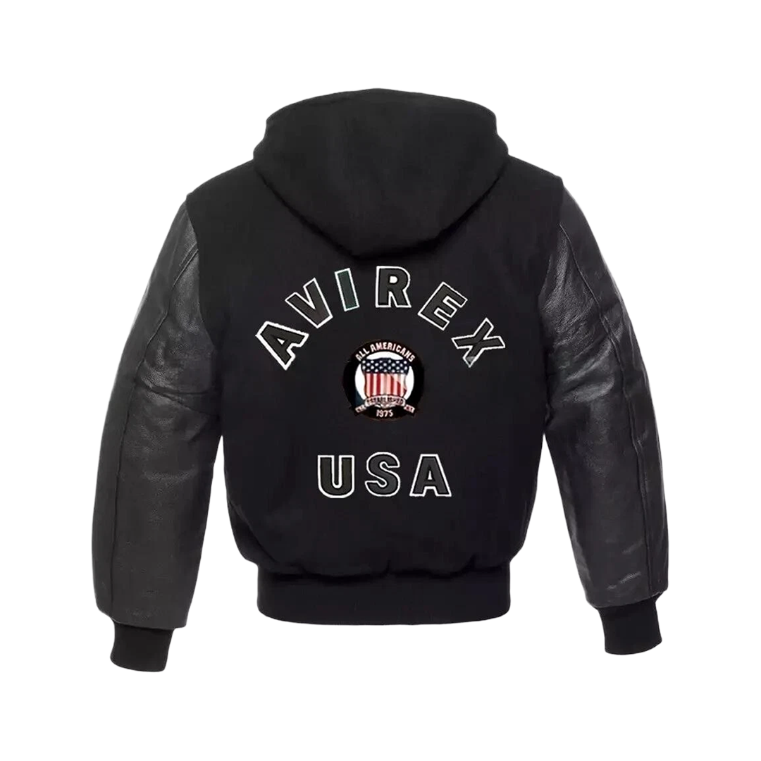 Avirex MILLIONAIRE Varsity Bomber Solid Black Wool Body & Leather Sleeves jacket