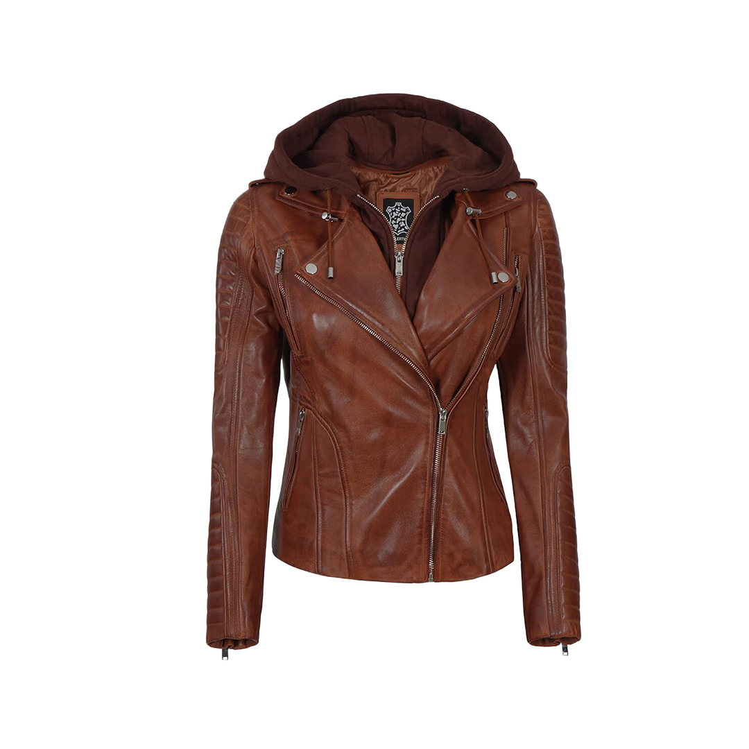 Bagheria Women's Cognac Biker Leather Jacket with Removable Hood