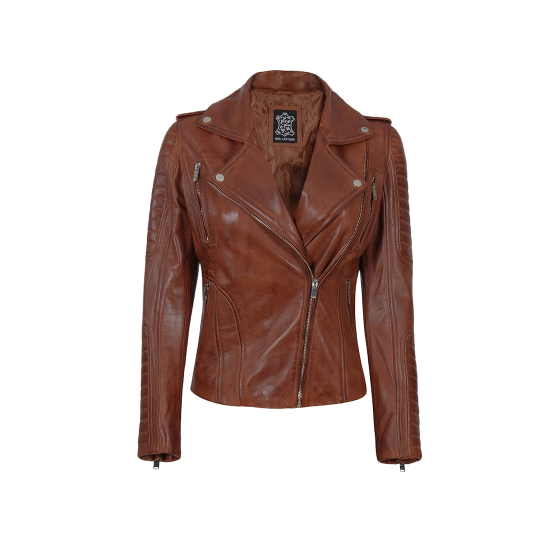 Bagheria Women's Cognac Biker Leather Jacket with Removable Hood