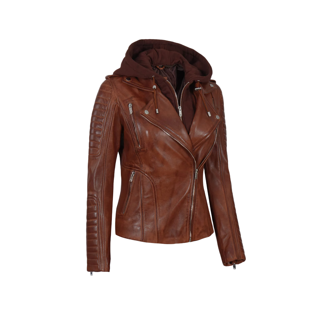 Bagheria Women's Cognac Biker Leather Jacket with Removable Hood