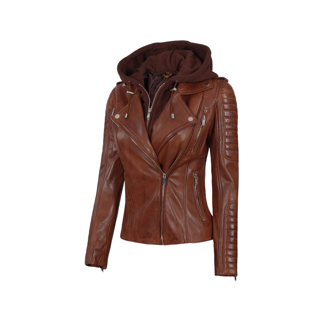 Bagheria Women's Cognac Biker Leather Jacket with Removable Hood