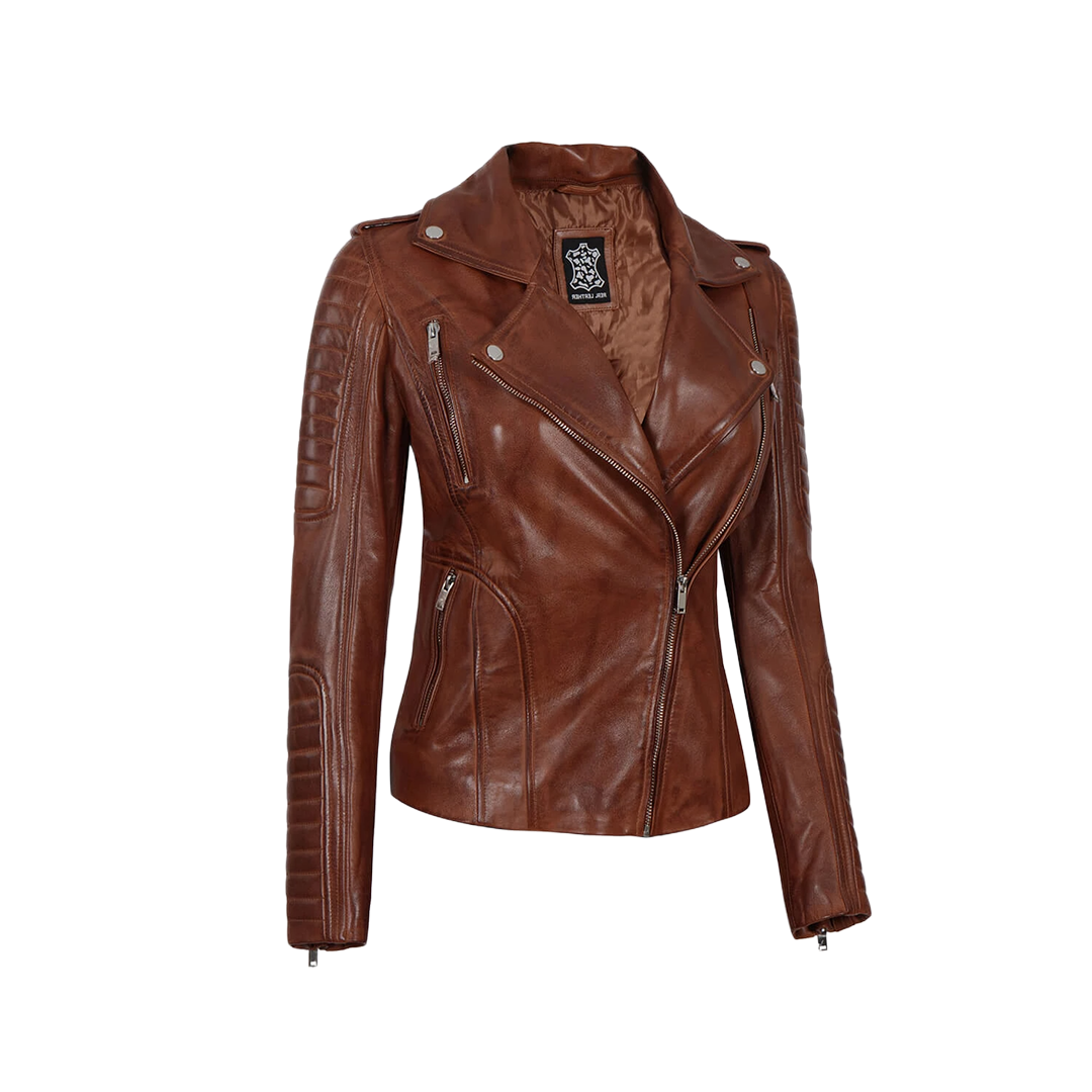 Bagheria Women's Cognac Biker Leather Jacket with Removable Hood