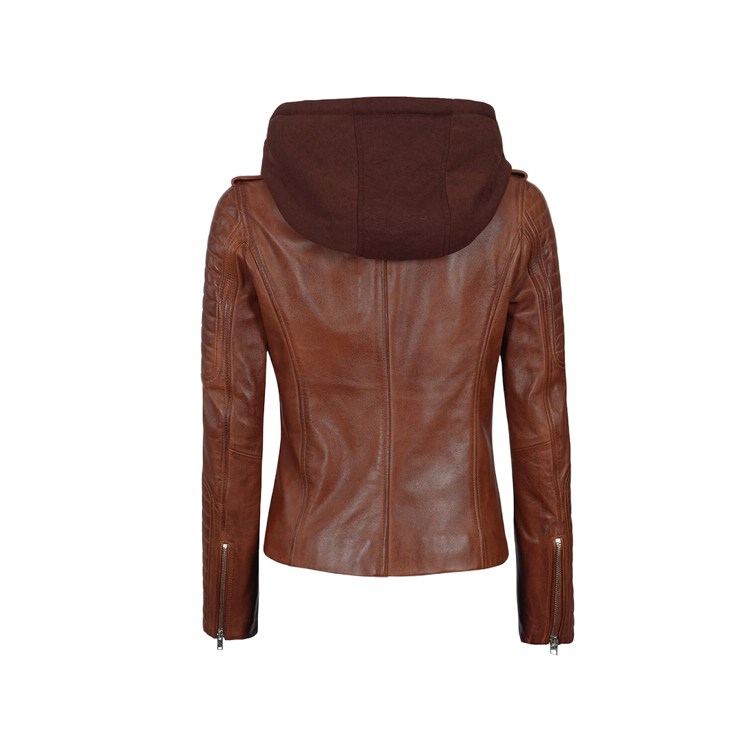 Bagheria Women's Cognac Biker Leather Jacket with Removable Hood