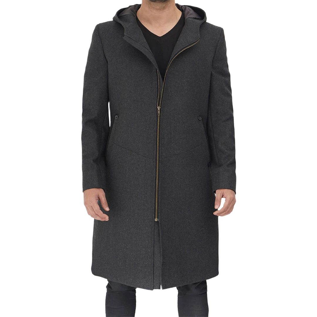 Barry Men's Grey Wool Coat with Hood - Long Winter Outerwear