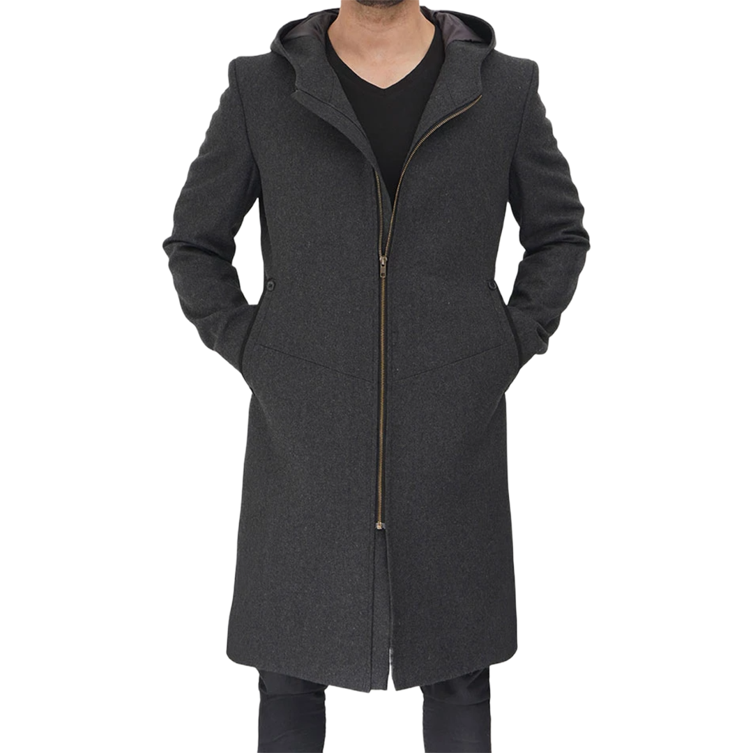 Barry Men's Grey Wool Coat with Hood - Long Winter Outerwear
