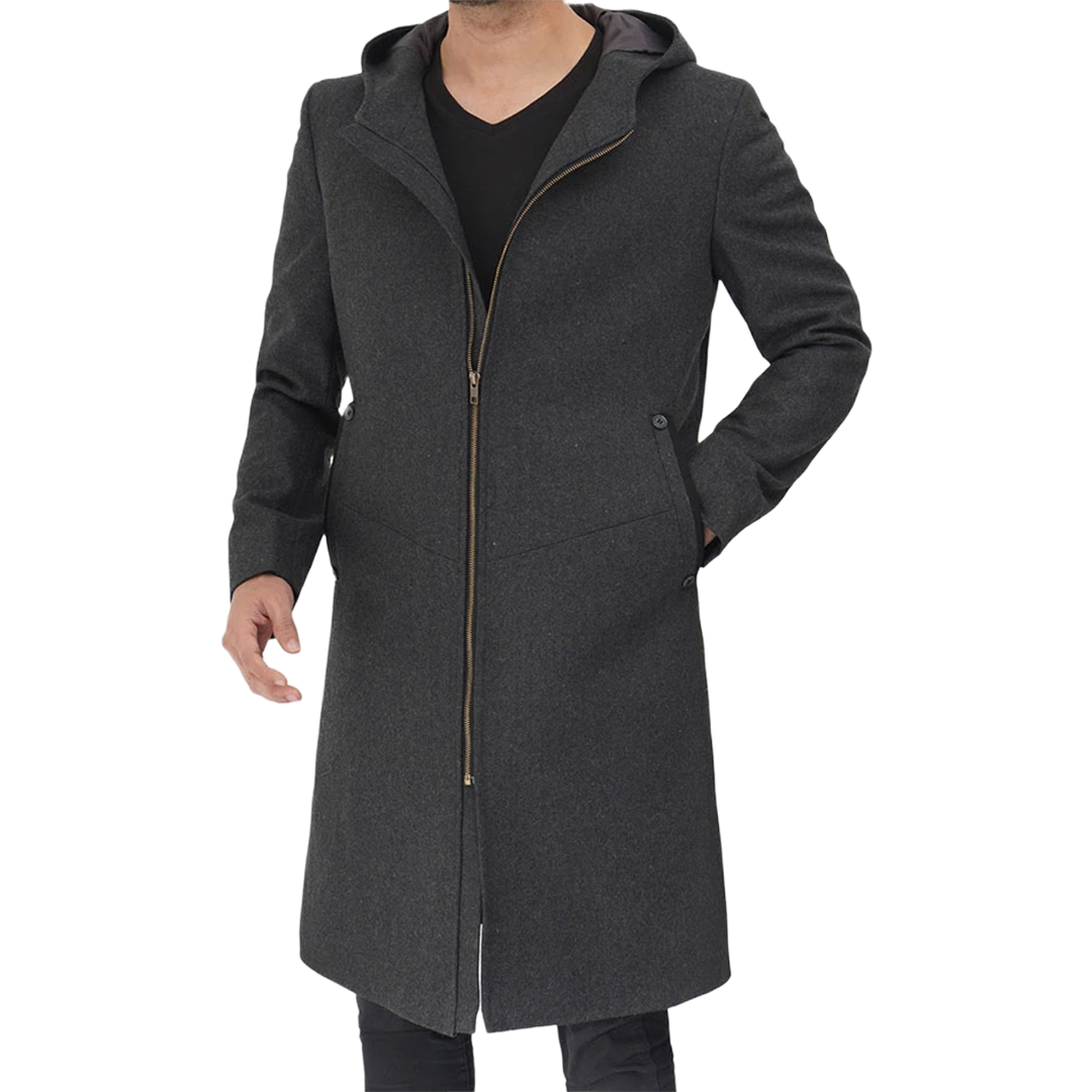 Barry Men's Grey Wool Coat with Hood - Long Winter Outerwear