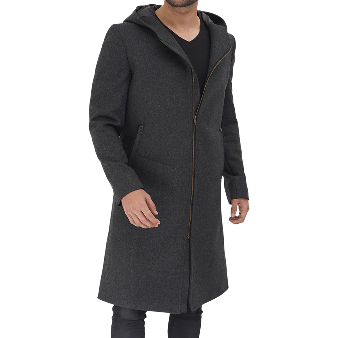 Barry Men's Grey Wool Coat with Hood - Long Winter Outerwear