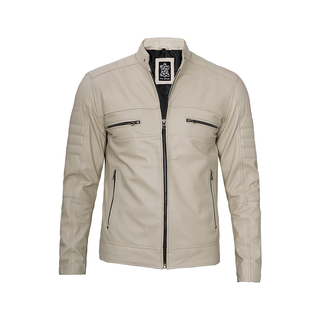 Beige Men Cafe Racer Real Leather Jacket