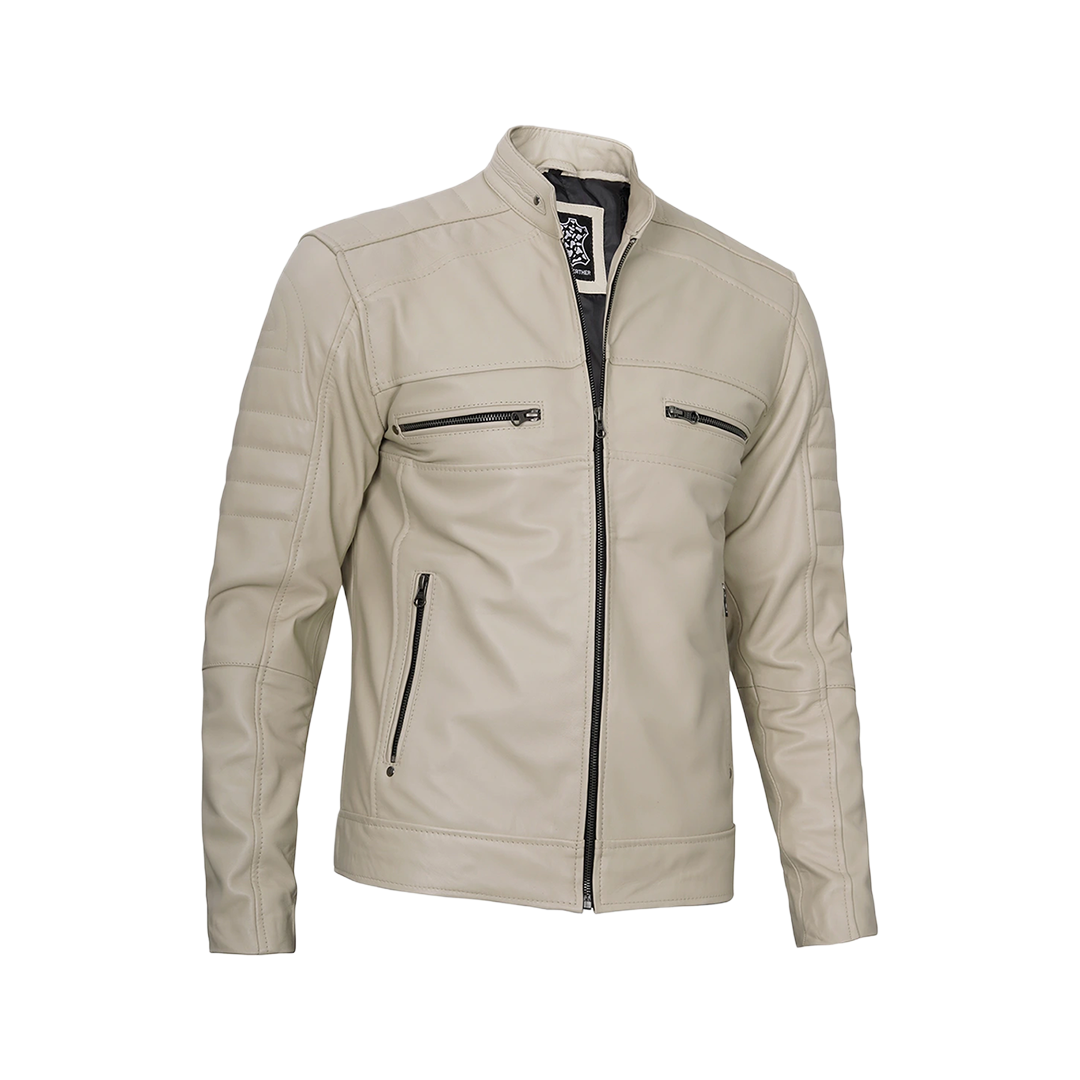 Beige Men Cafe Racer Real Leather Jacket