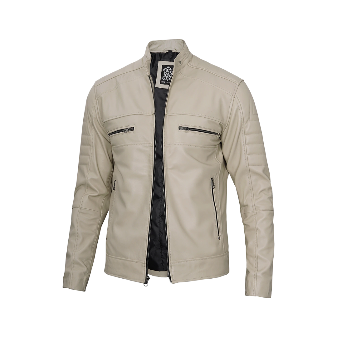 Beige Men Cafe Racer Real Leather Jacket