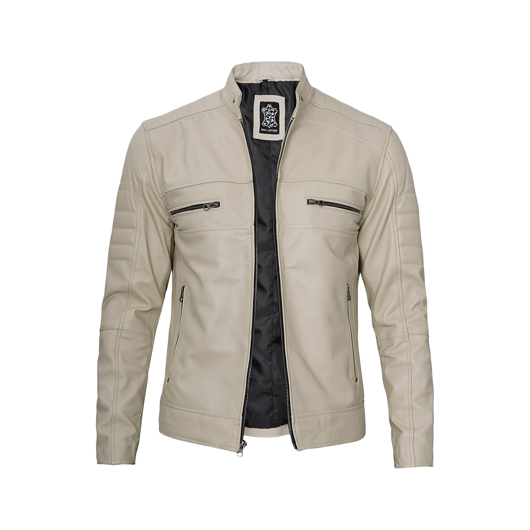 Beige Men Cafe Racer Real Leather Jacket