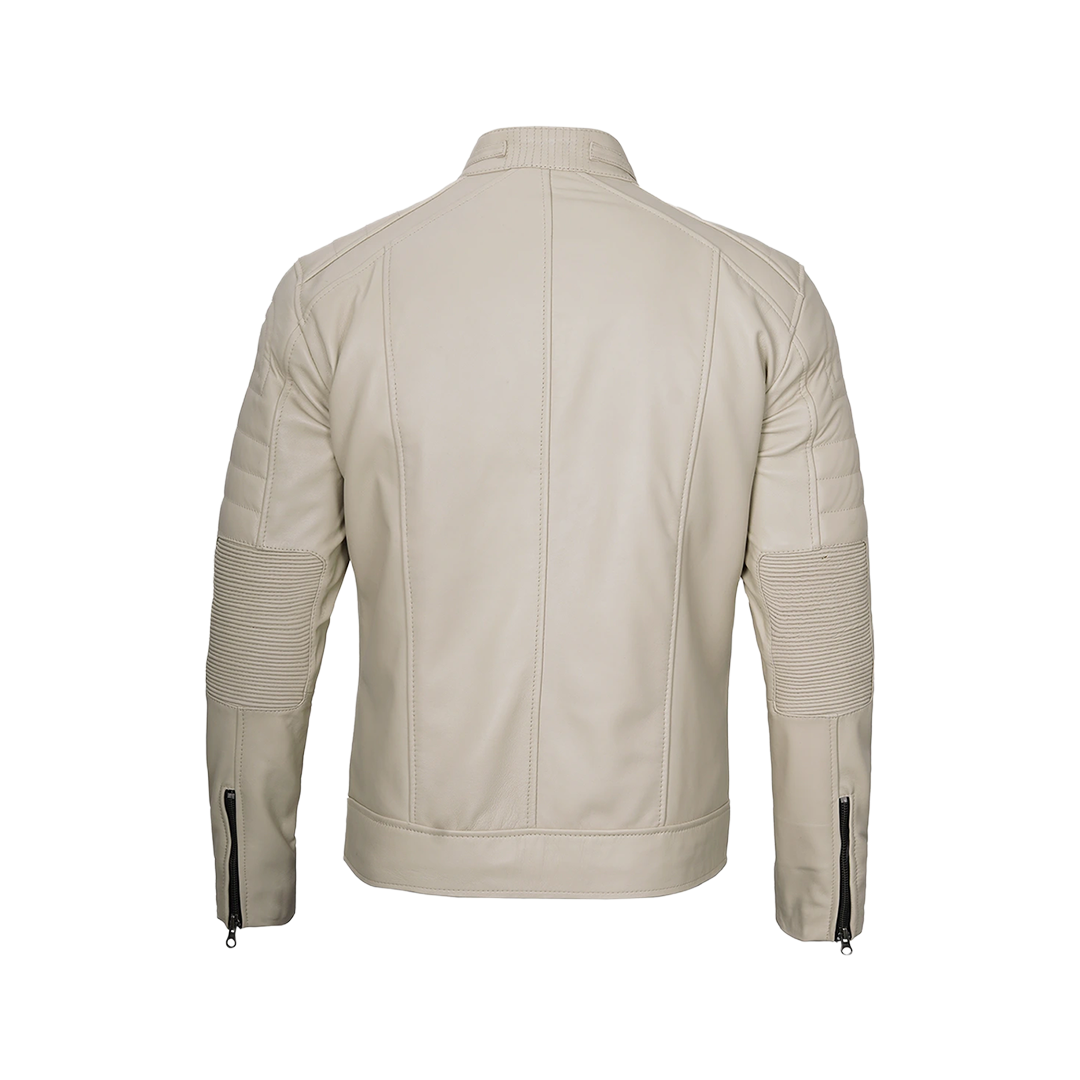 Beige Men Cafe Racer Real Leather Jacket