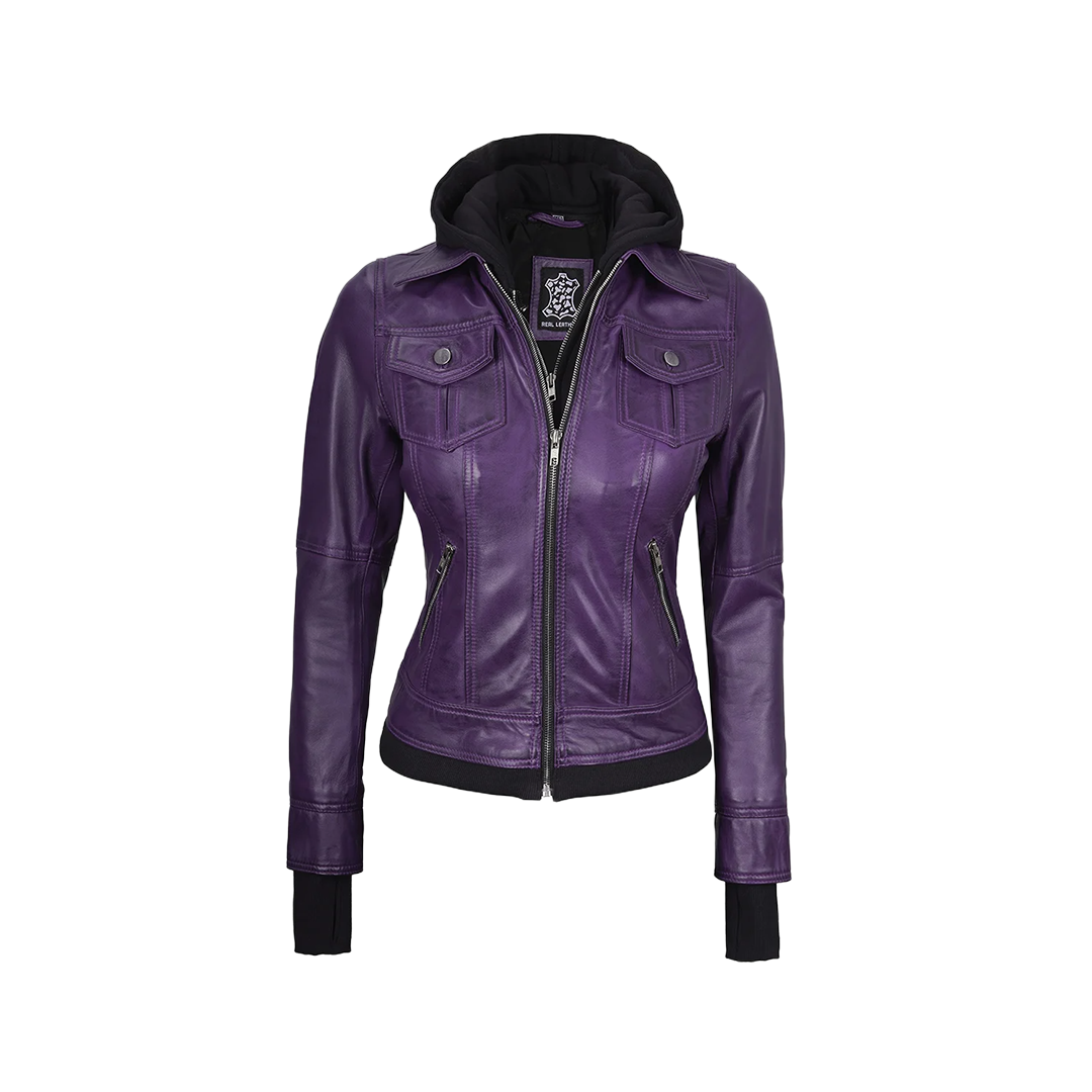 Betty Women's Purple Leather Jacket with Removable Hood