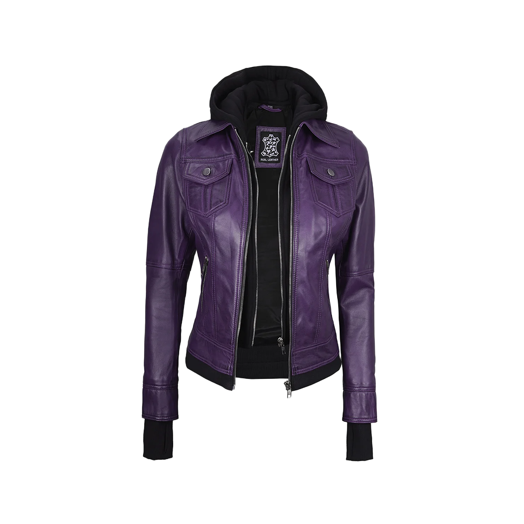 Betty Women's Purple Leather Jacket with Removable Hood
