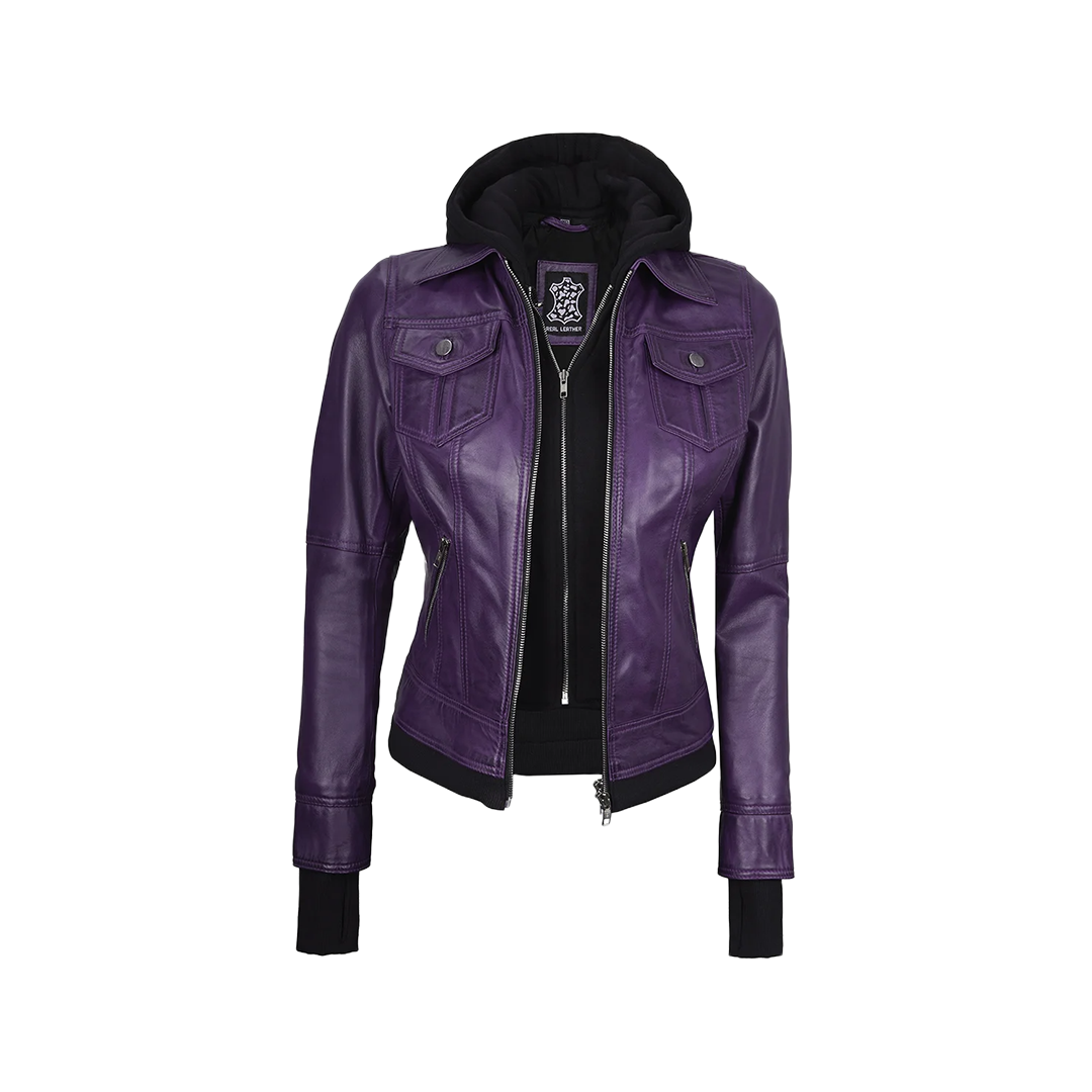 Betty Women's Purple Leather Jacket with Removable Hood