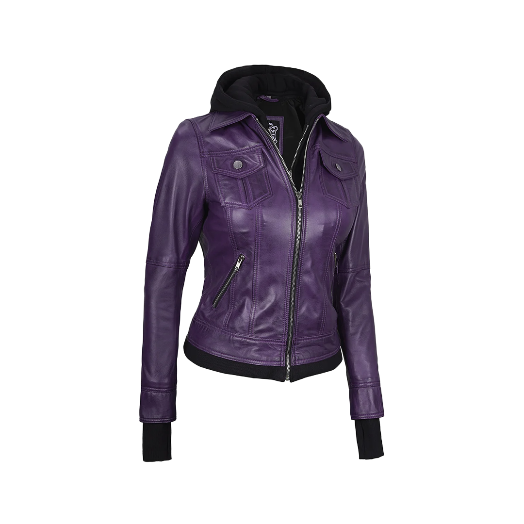 Betty Women's Purple Leather Jacket with Removable Hood