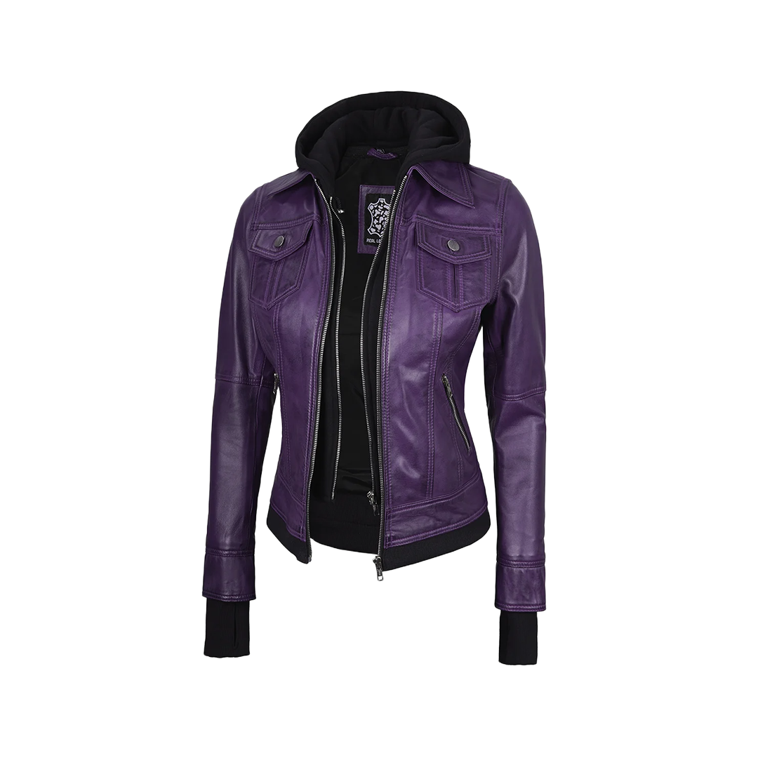 Betty Women's Purple Leather Jacket with Removable Hood