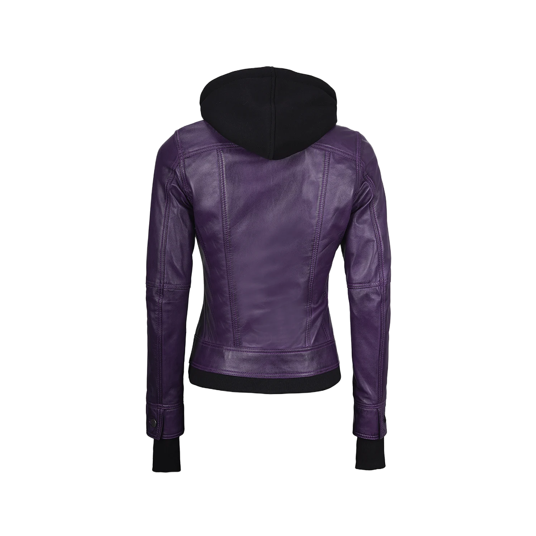 Betty Women's Purple Leather Jacket with Removable Hood