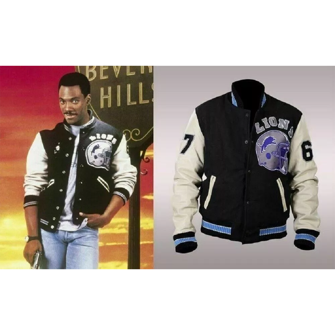 Beverly Hills Cop Axel Foley Detroit Lions Wool - PU Leather Sleeves Jacket