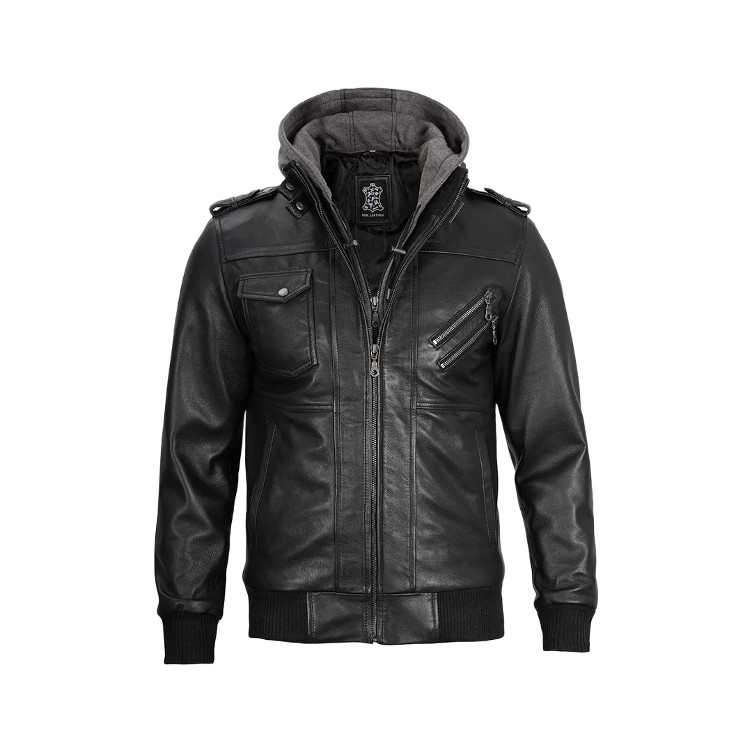 Black Bomber Men's Leather Jacket with Removable Hood