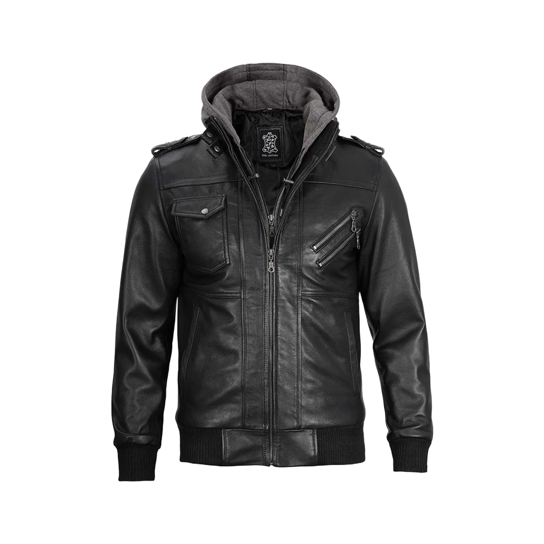 Black Bomber Men's Leather Jacket with Removable Hood